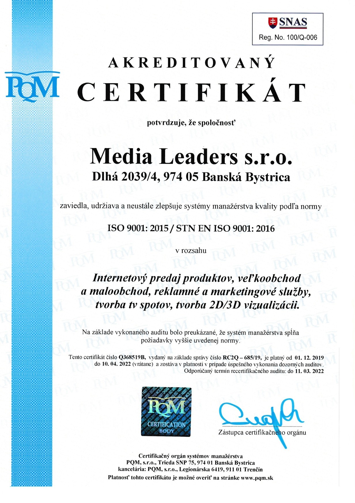 ISO 9001 сертификат медиумски лидери sro