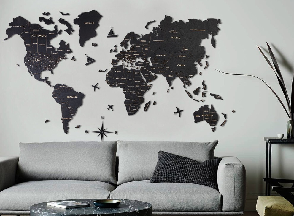 мапа на светско патување на ѕидот во црна боја