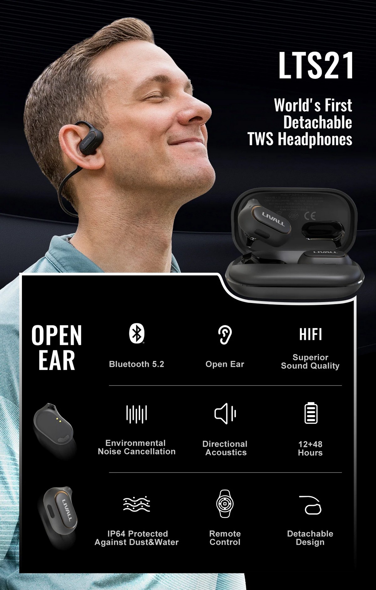 Спортски безжични слушалки со bluetooth - дизајн со отворено уво што може да се одвојува