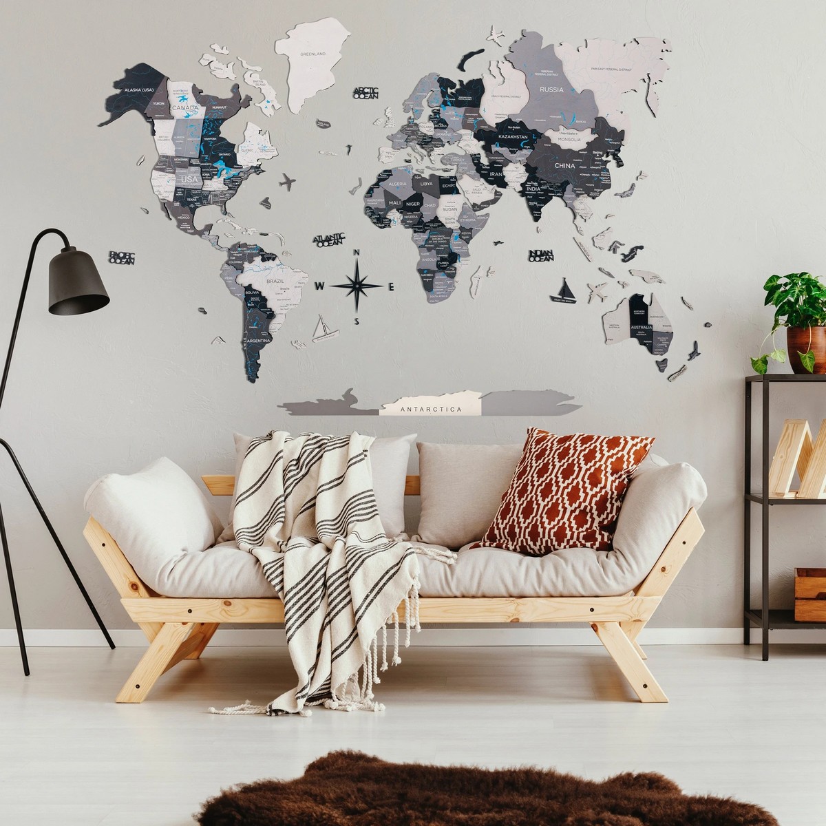 ѕидна карта на светот направена од дрво
