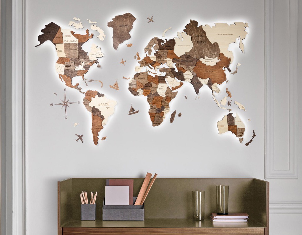 рачно обоена 3Д мапа на светот на ѕидот