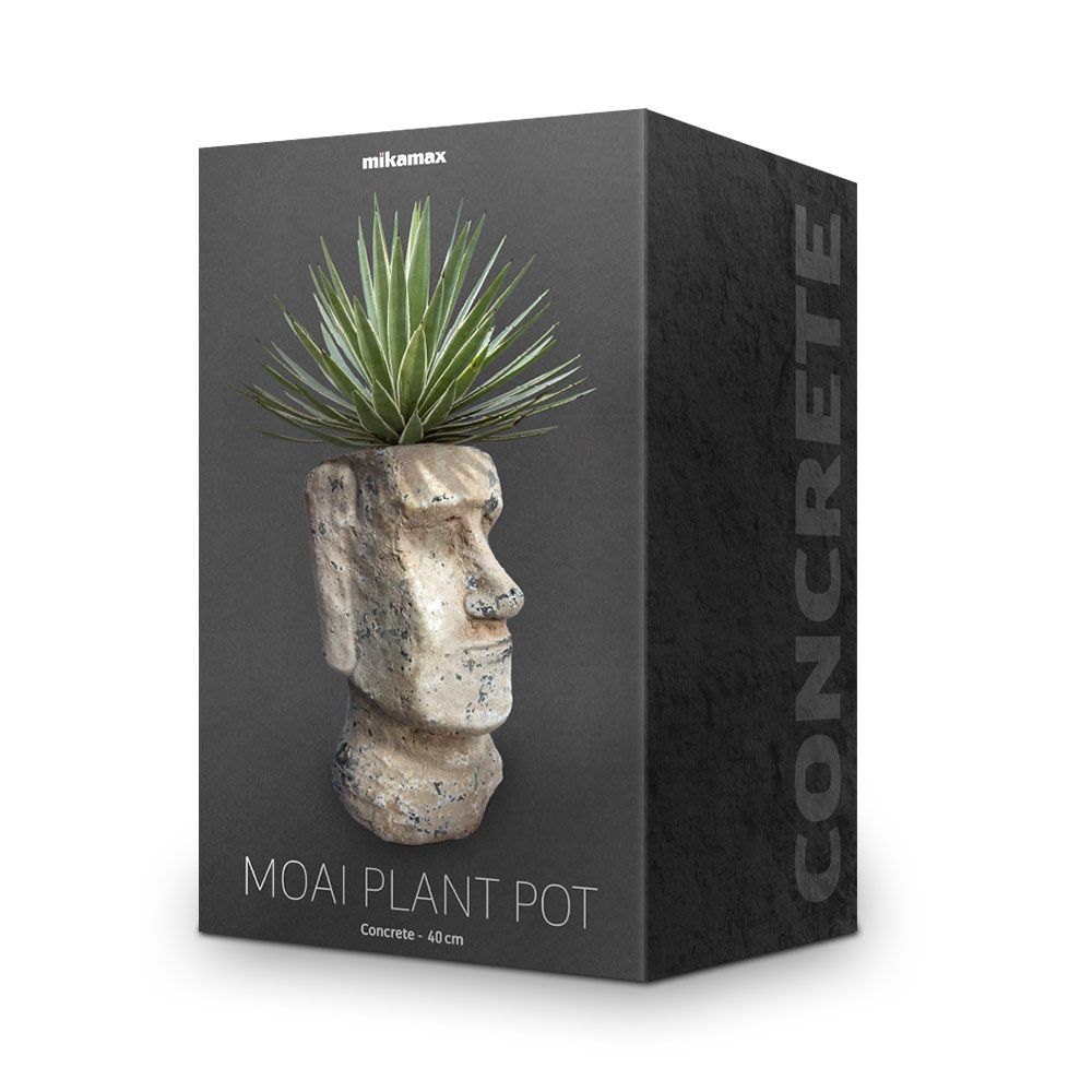 Саксија со цвет во форма на глава на моаи направена од камен бетон