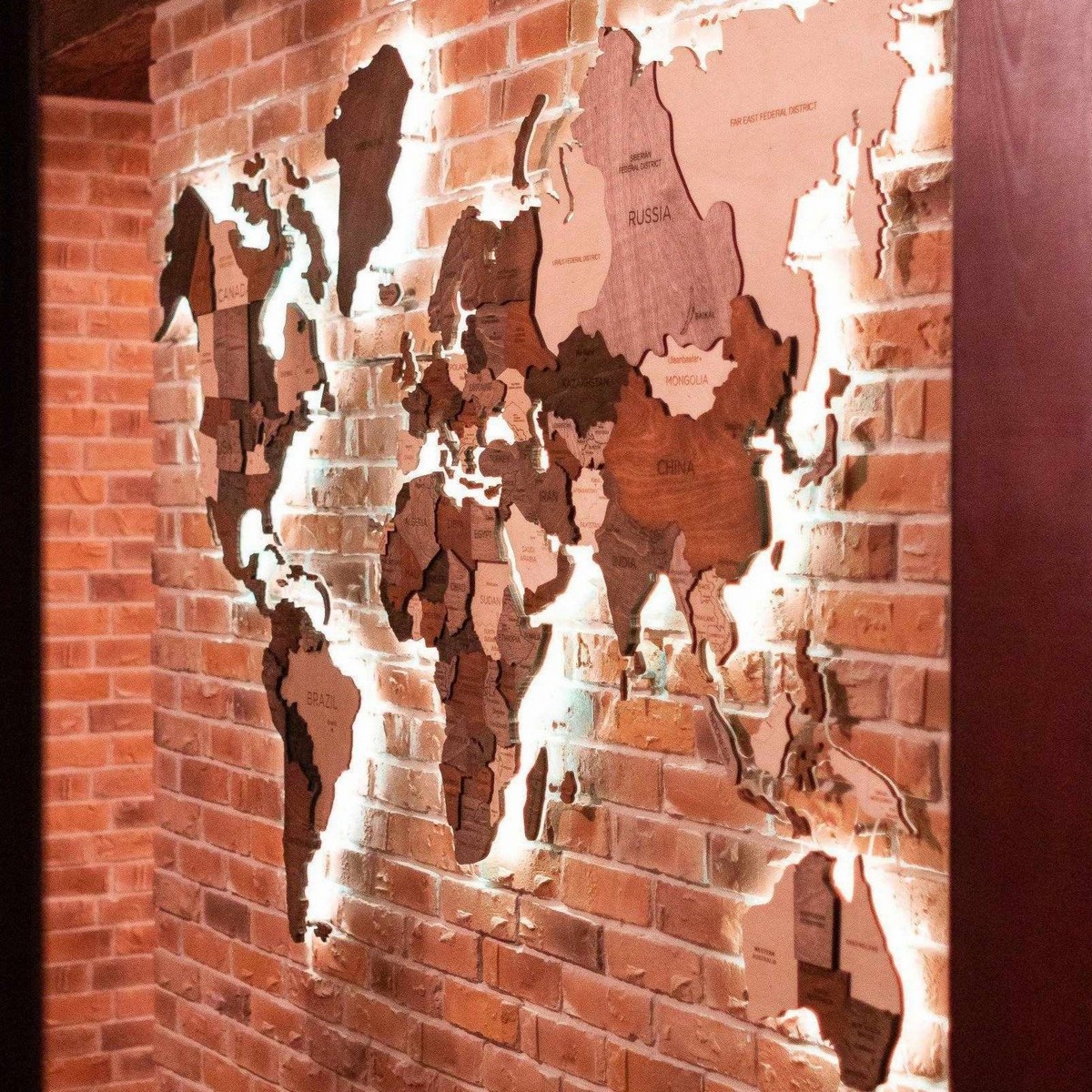 дрвена светска карта ѕидна уметност со лед светло