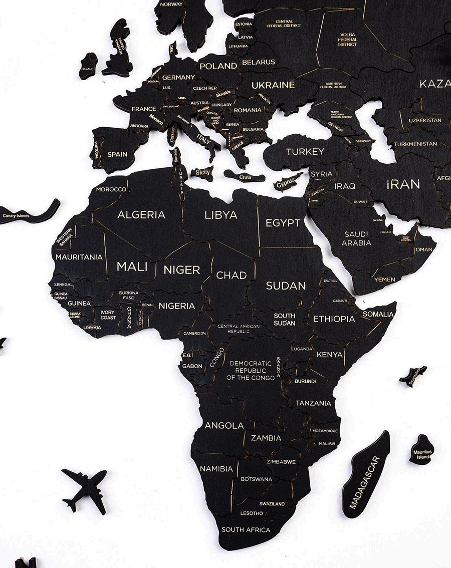 дрвена карта на ѕидот континенти црна боја