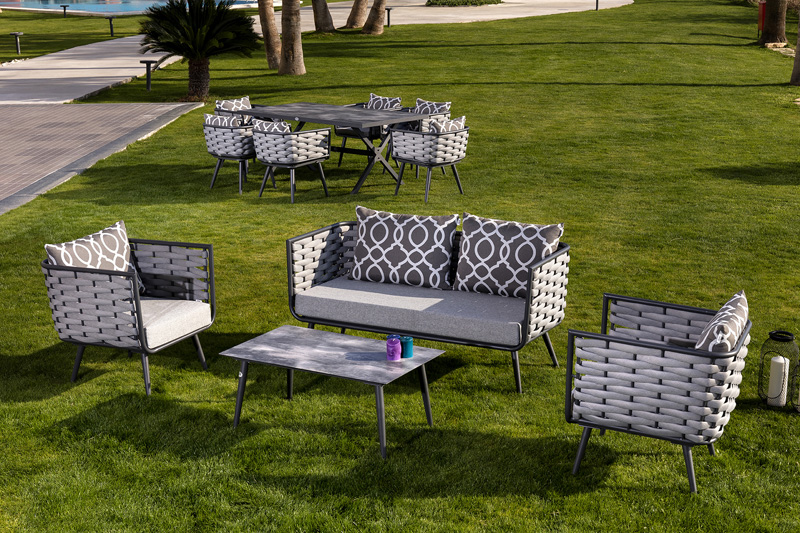 Луксузно седење за градина или тераса со висококвалитетна алуминиумска конструкција во елегантна сива боја