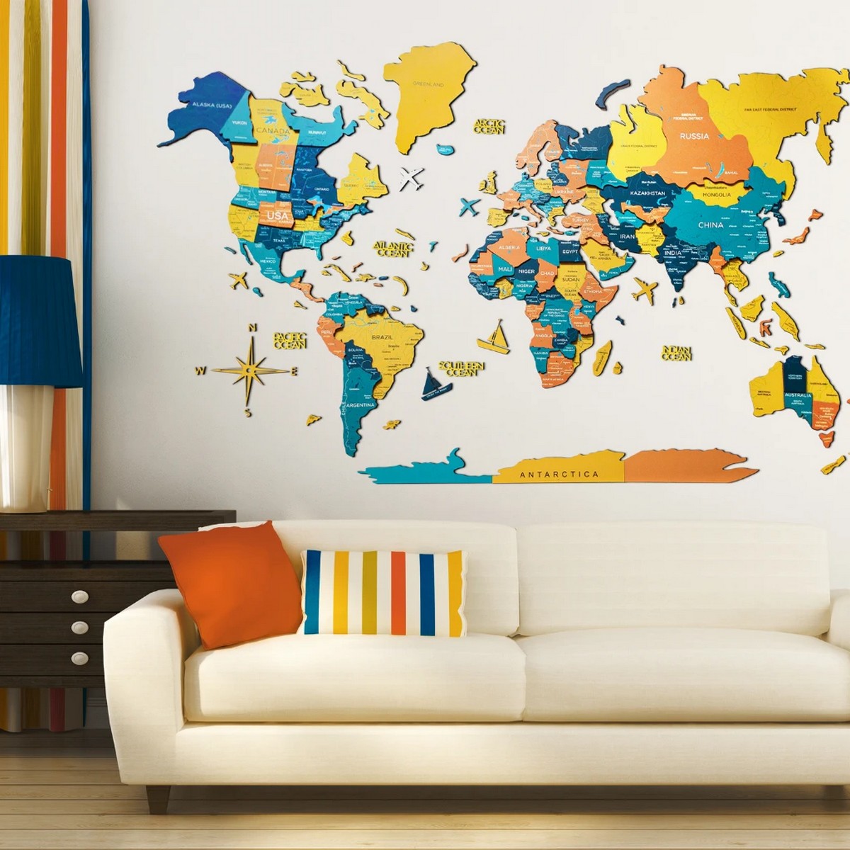 карта во боја на дрвен ѕид 3d