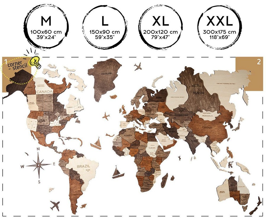 3Д дрвена слика со светска мапа со големина XXL