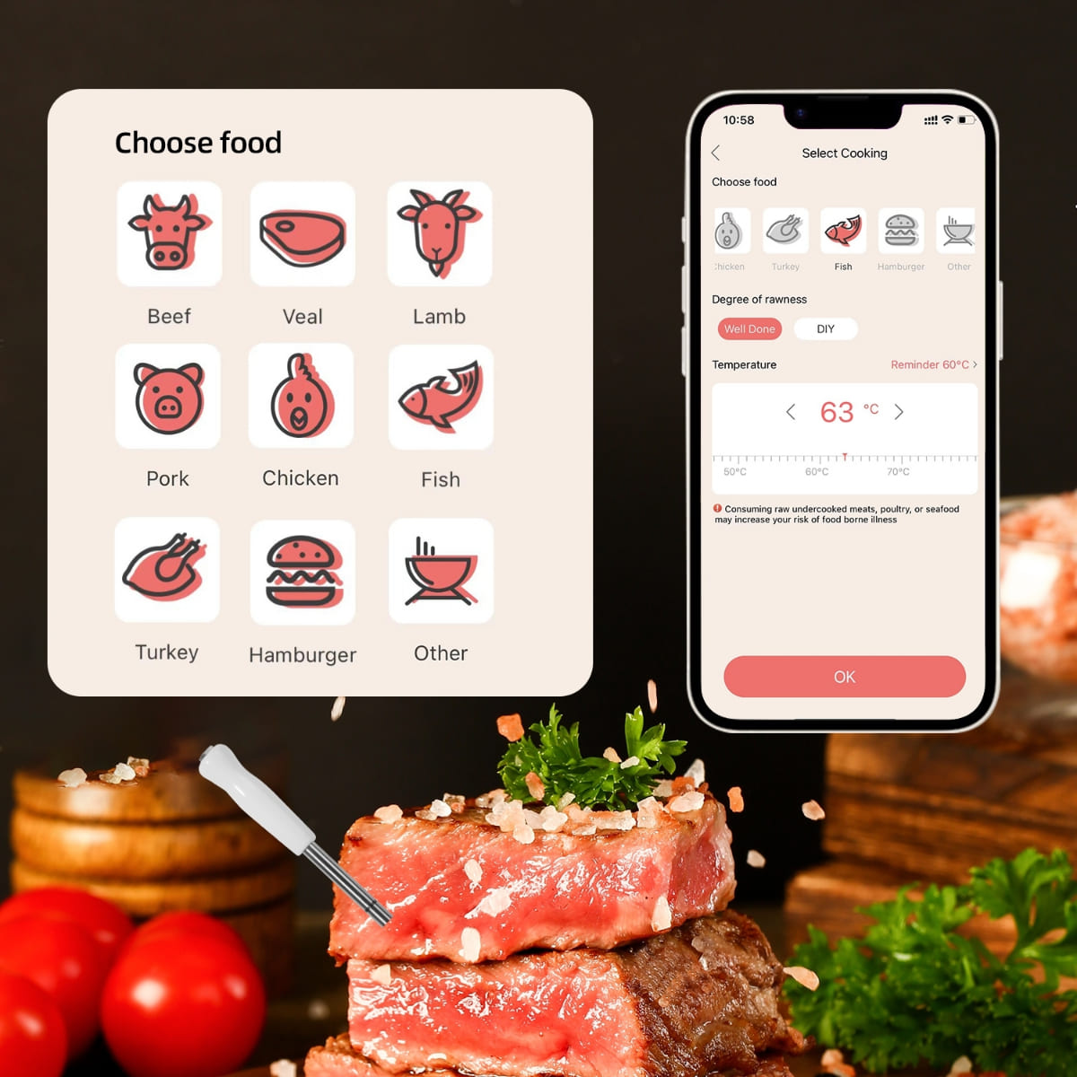 Термометар за печење месо - поддршка за Bluetooth до 100 m (мобилна апликација)