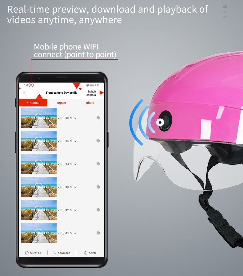 Wi-Fi конекција со камера за кацига за мотоцикли преку апликација паметен телефон