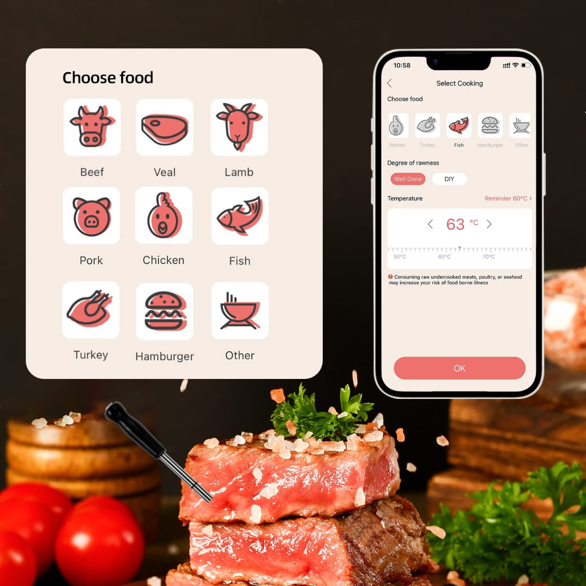 Безжичен термометар за месо - апликација за мобилен телефон