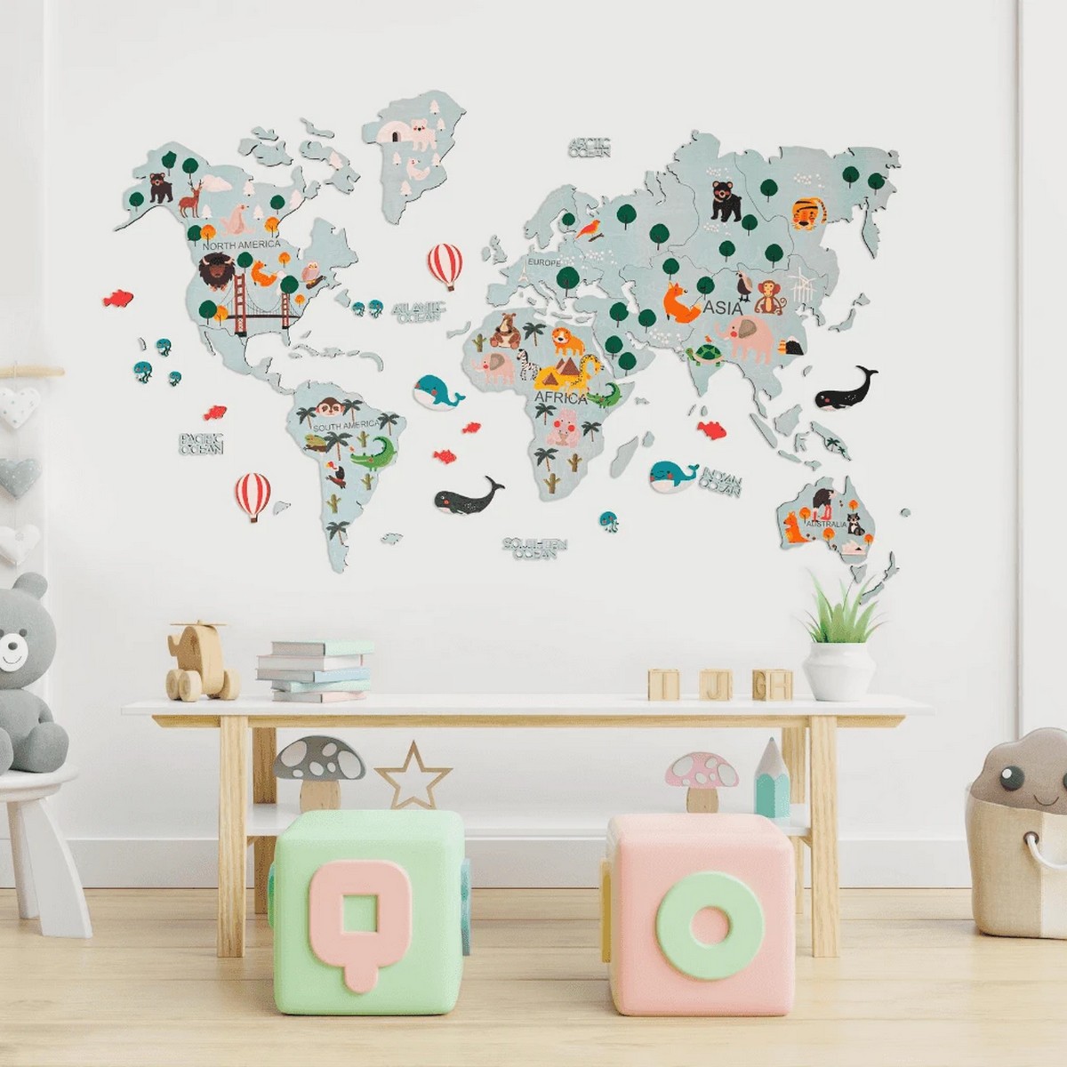 детска дрвена светска мапа на ѕид