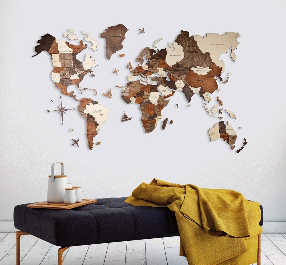 3Д дрвени мапи на светот на ѕидот