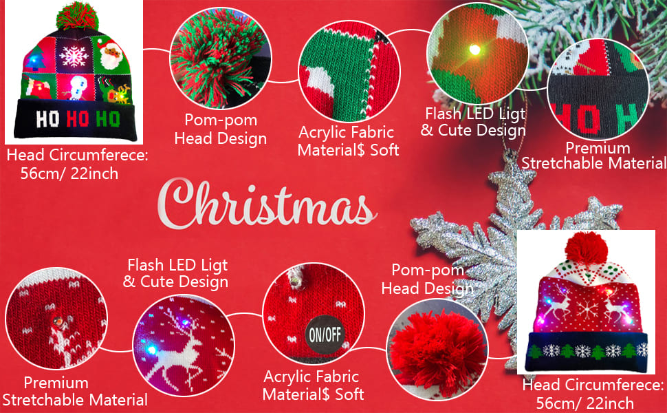 Шапки за Божиќ, зрна за зима, разни дизајни осветлуваат со LED